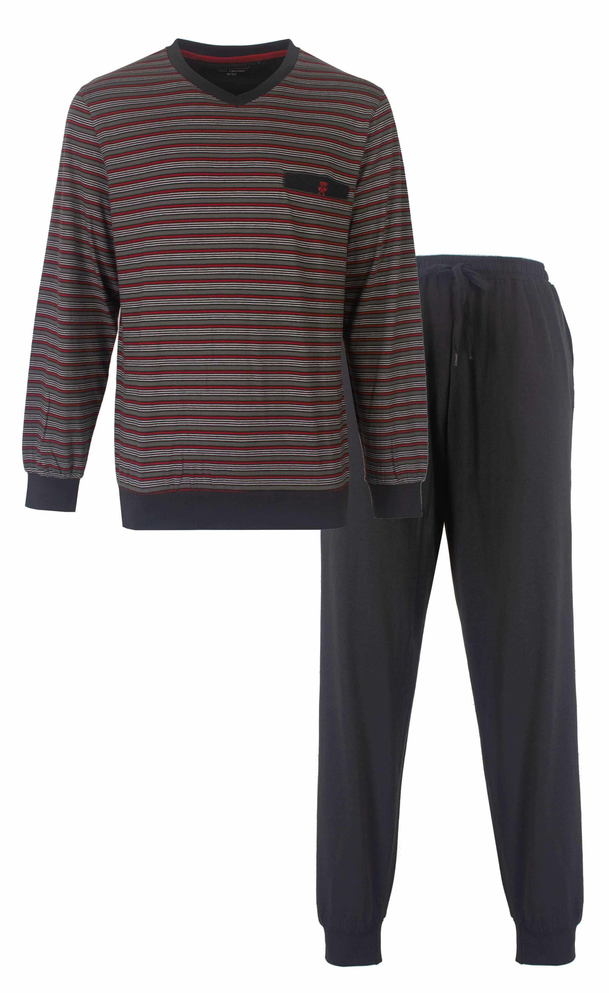 Donkergrijze gestreepte heren pyjama met V-hals en lange mouwen, plus effen donkergrijze broek