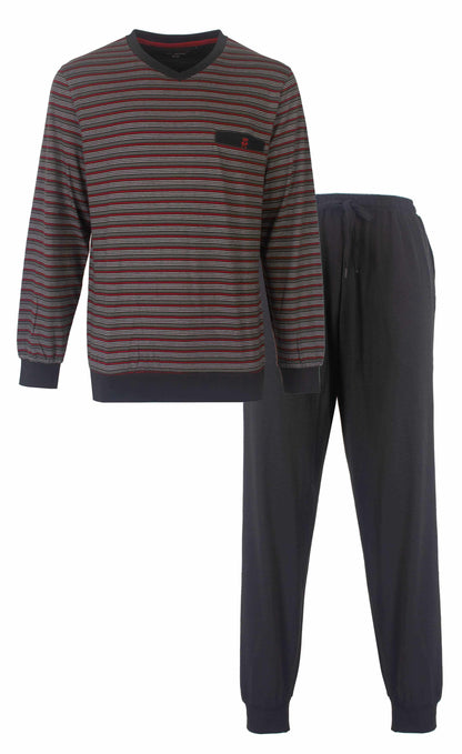 Donkergrijze gestreepte heren pyjama met V-hals en lange mouwen, plus effen donkergrijze broek