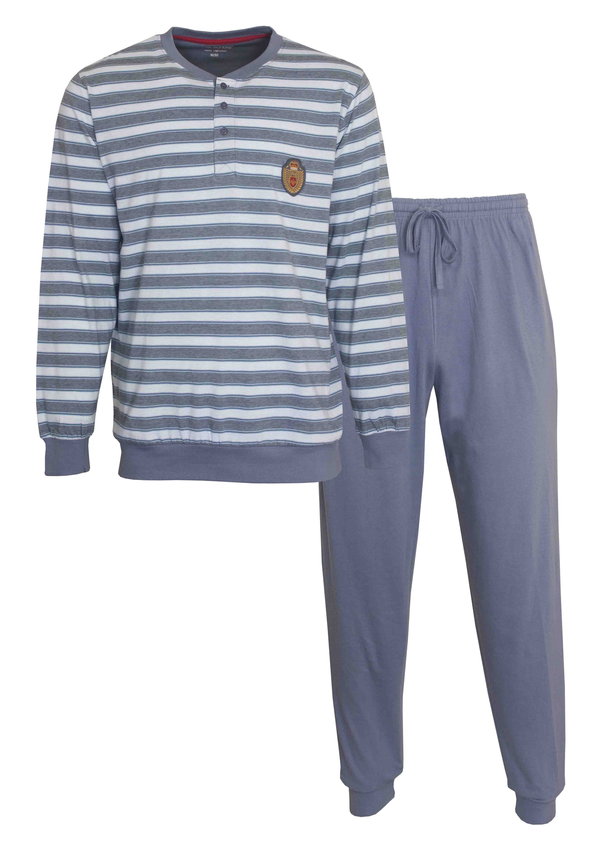 Grijze gestreepte heren pyjama set met polo-sluiting en lange mouwen, inclusief effen broek met trekkoord
