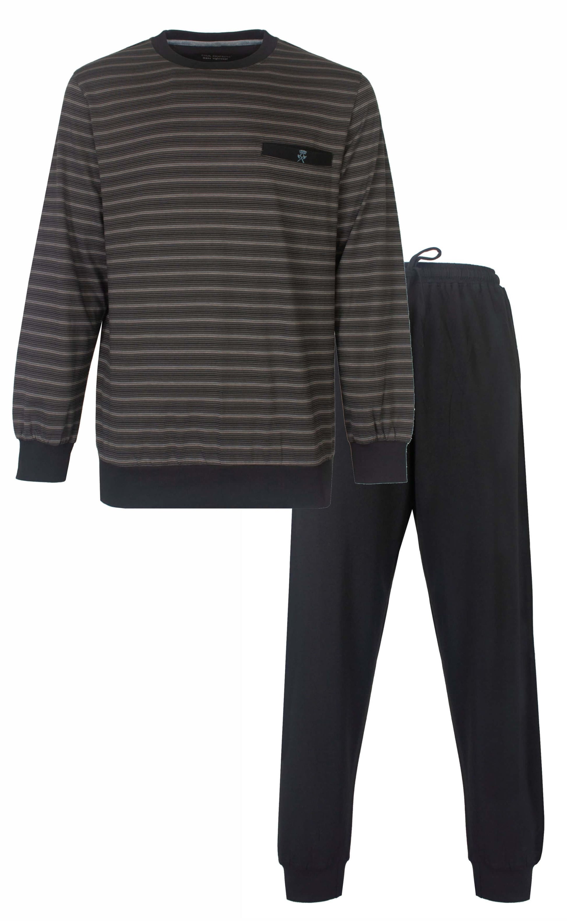 Grijze gestreepte heren pyjama met lange mouwen en bijpassende lange broek, ronde hals en borstzakje