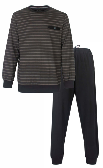 Grijze gestreepte heren pyjama met lange mouwen en bijpassende lange broek, ronde hals en borstzakje