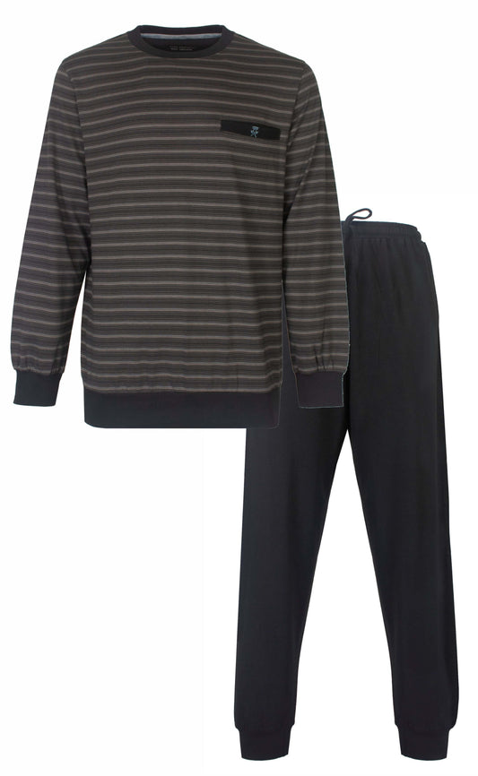 Grijze gestreepte heren pyjama met lange mouwen en bijpassende lange broek, ronde hals en borstzakje