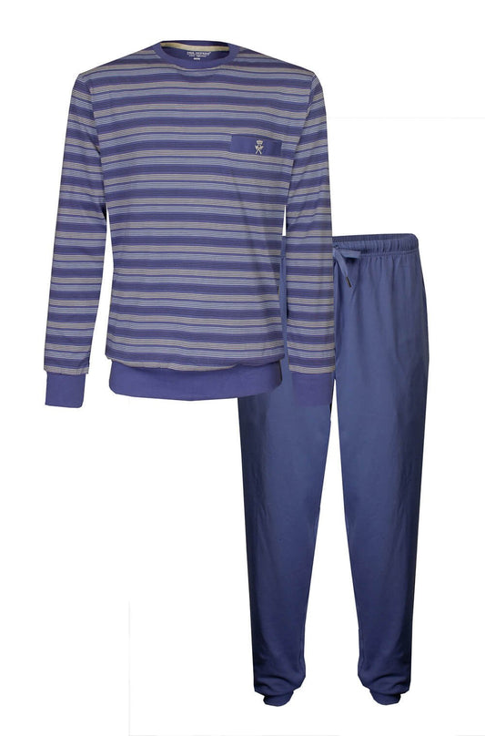 Gestreepte indigo blauwe pyjama set met lange mouwen en broek, zakje met geborduurd logo op de borst