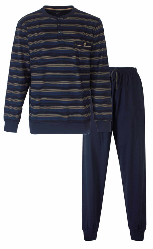 Gestreepte heren pyjama in indigo blauw met lange mouwen en bijpassende lange broek