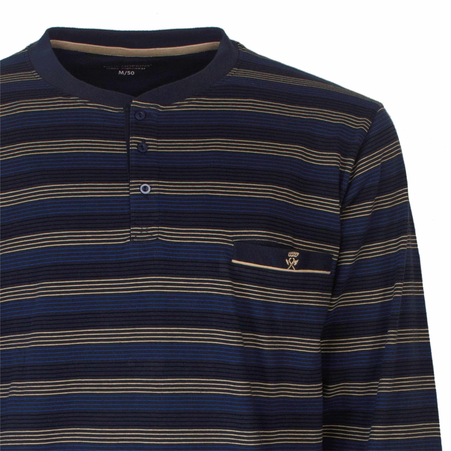 Gestreepte pyjama top in indigo blauw met beige strepen, henley hals en borstzakje met klein logo