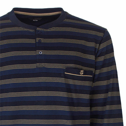 Gestreepte pyjama top in indigo blauw met beige strepen, henley hals en borstzakje met klein logo