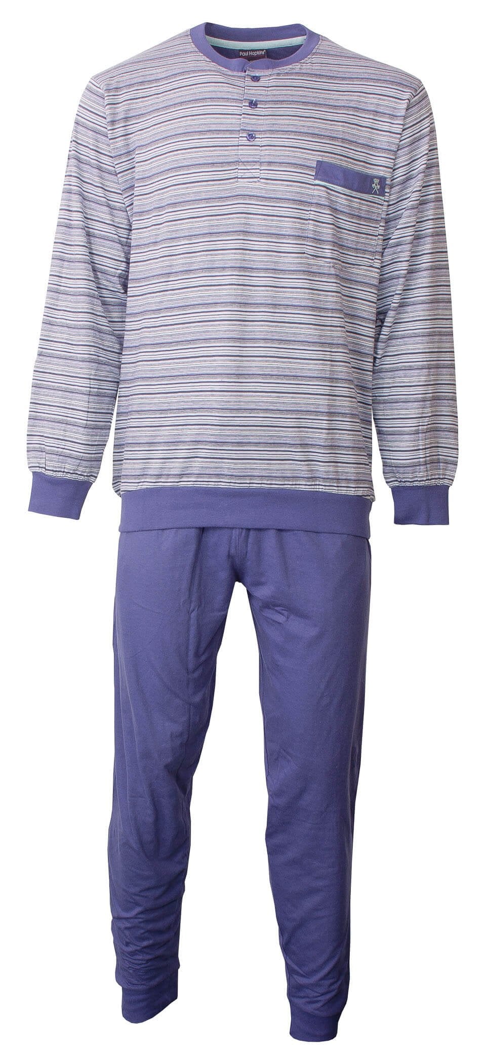 Gestreepte blauwe heren pyjama met lange mouwen en bijpassende effen broek, gemerk Paul Hopkins
