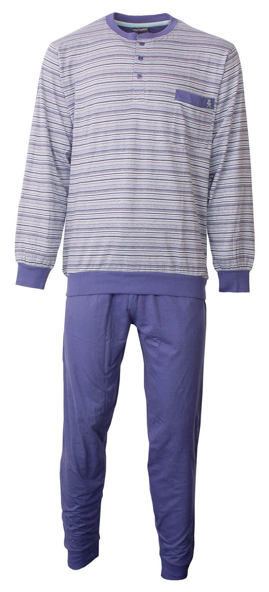 Gestreepte blauwe heren pyjama met lange mouwen en bijpassende effen broek, gemerk Paul Hopkins