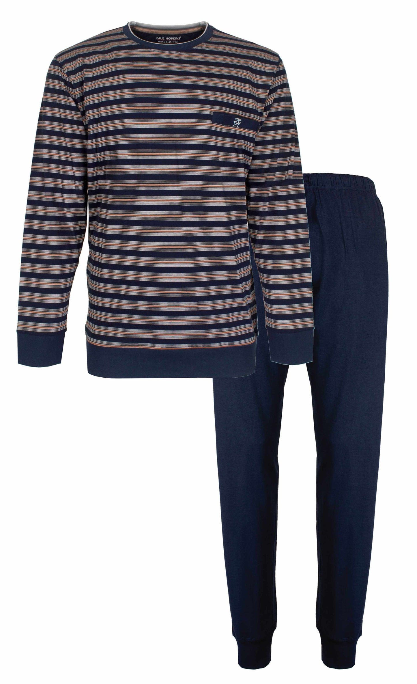 Gestreepte blauwe pyjama set met lange mouwen en broek, gemaakt van 100% katoen, van Paul Hopkins