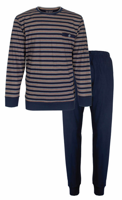 Gestreepte blauwe pyjama set met lange mouwen en broek, gemaakt van 100% katoen, van Paul Hopkins