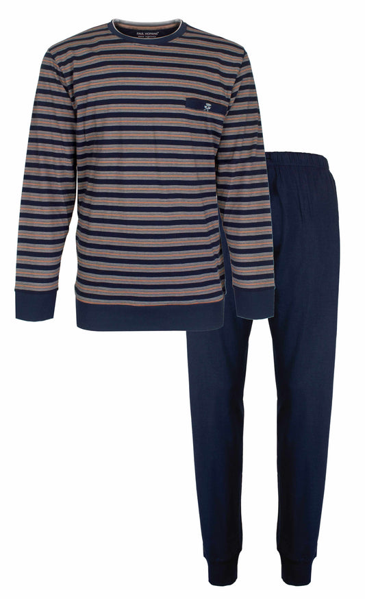 Gestreepte blauwe pyjama set met lange mouwen en broek, gemaakt van 100% katoen, van Paul Hopkins