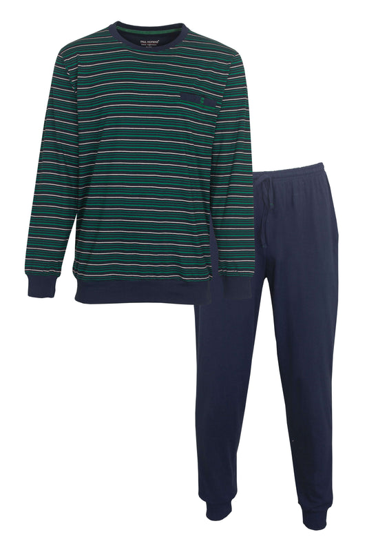 Gestreepte blauwe heren pyjama set met lange mouwen en broek, gemaakt van katoen met een ronde hals en zakje.