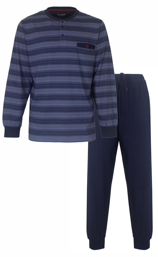 Gestreepte navy blauwe heren pyjama met lange mouwen en bijpassende effen broek