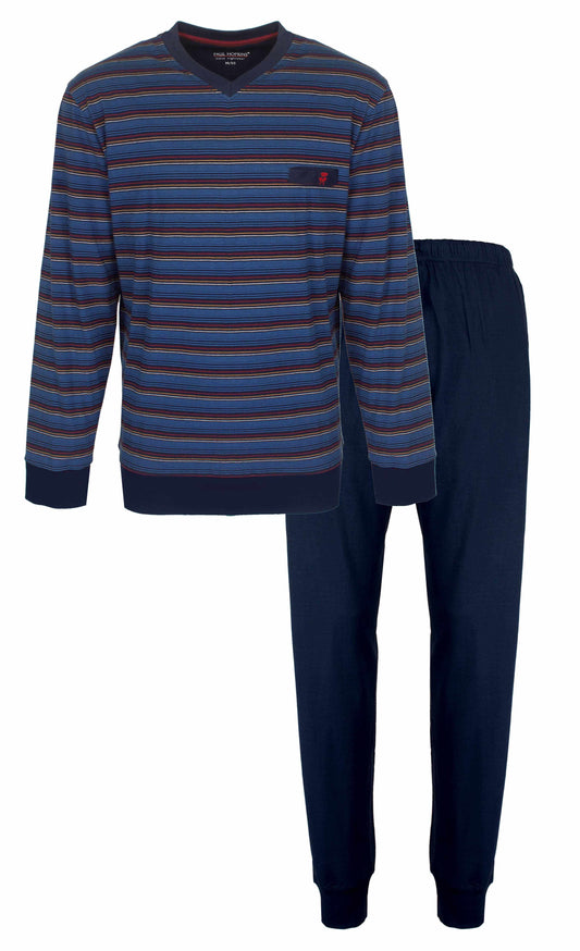 Gestreepte pyjama set met blauw shirt met horizontale strepen en effen donkerblauwe broek