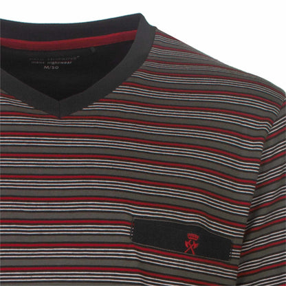 Gestreepte pyjama top met V-hals in donkergrijs, rood en wit. Paul Hopkins logo op de borst.