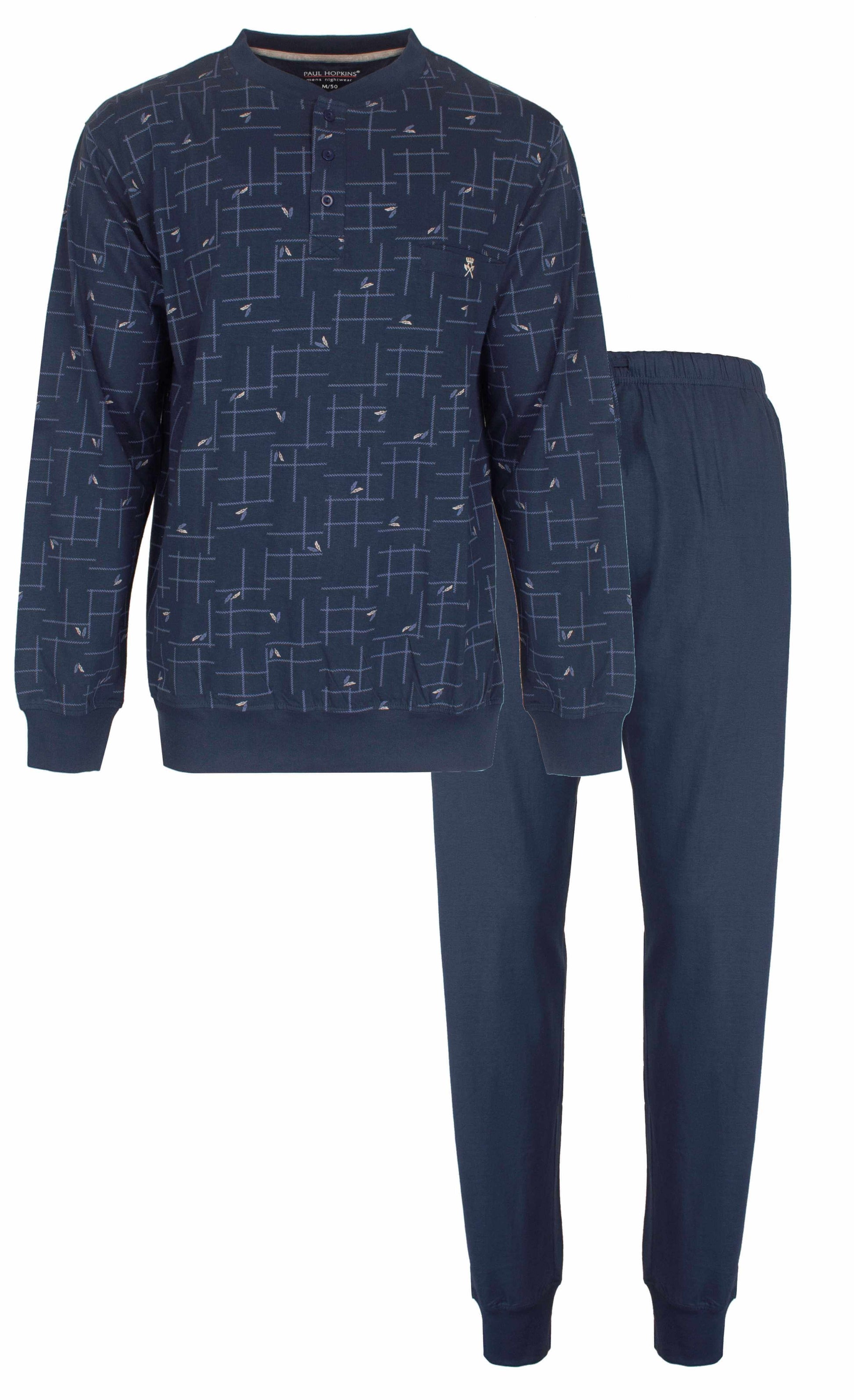 Jeans blauwe heren pyjama set met geometrisch patroon op shirt en effen broek, merk Paul Hopkins