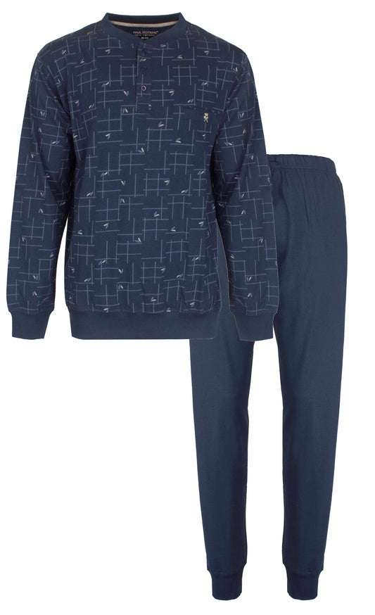 Jeans blauwe heren pyjama set met geometrisch patroon op shirt en effen broek, merk Paul Hopkins