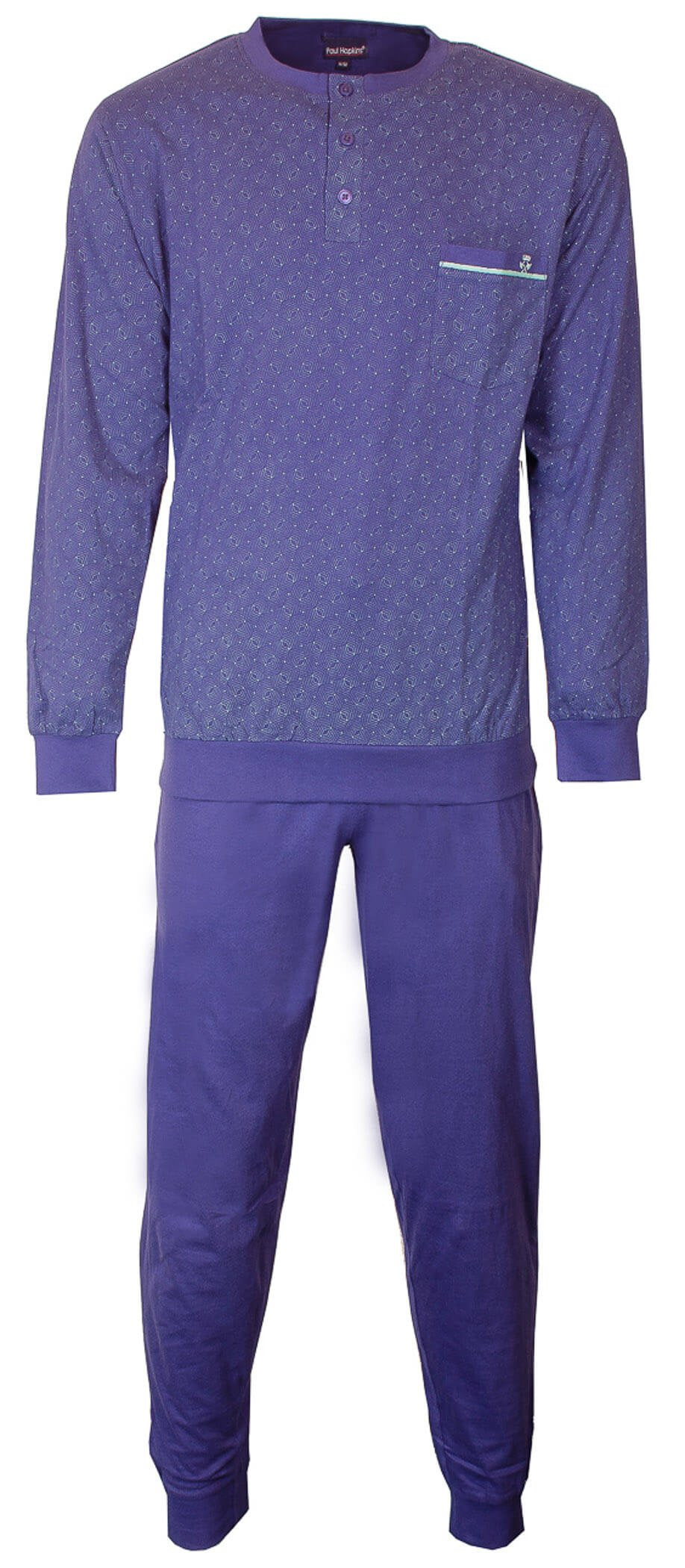 Blauwe heren pyjama met geprint dessin op bovenstuk, polo sluiting, lange mouwen en effen lange broek