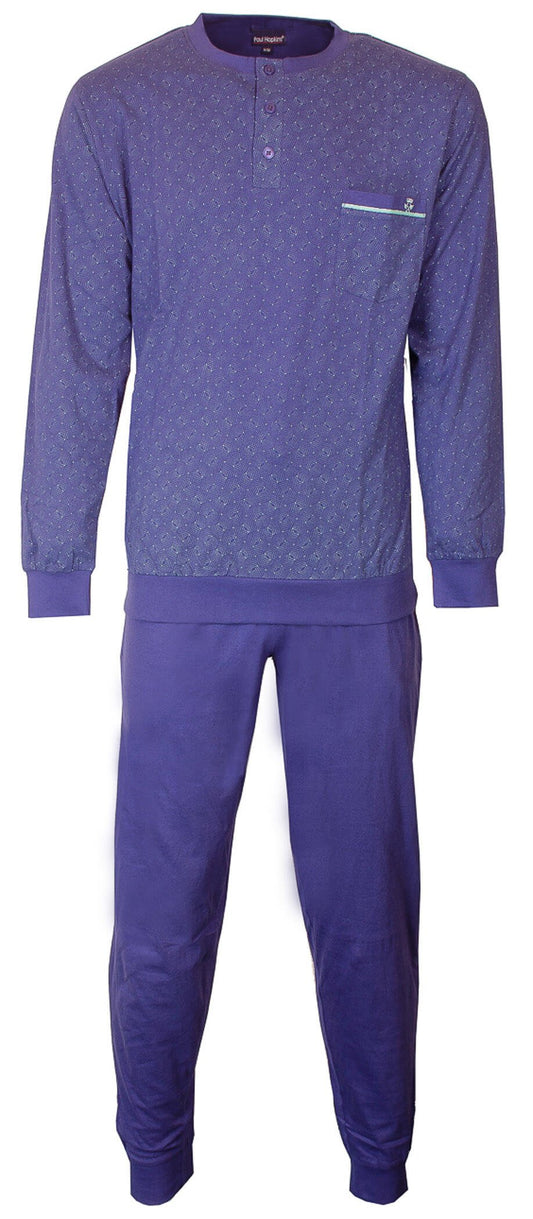 Blauwe heren pyjama met geprint dessin op bovenstuk, polo sluiting, lange mouwen en effen lange broek