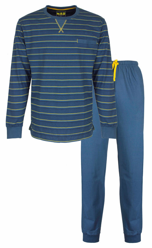 Blauwe gestreepte pyjama set met lange mouwen en broek, gele accenten op de strepen en trekkoord