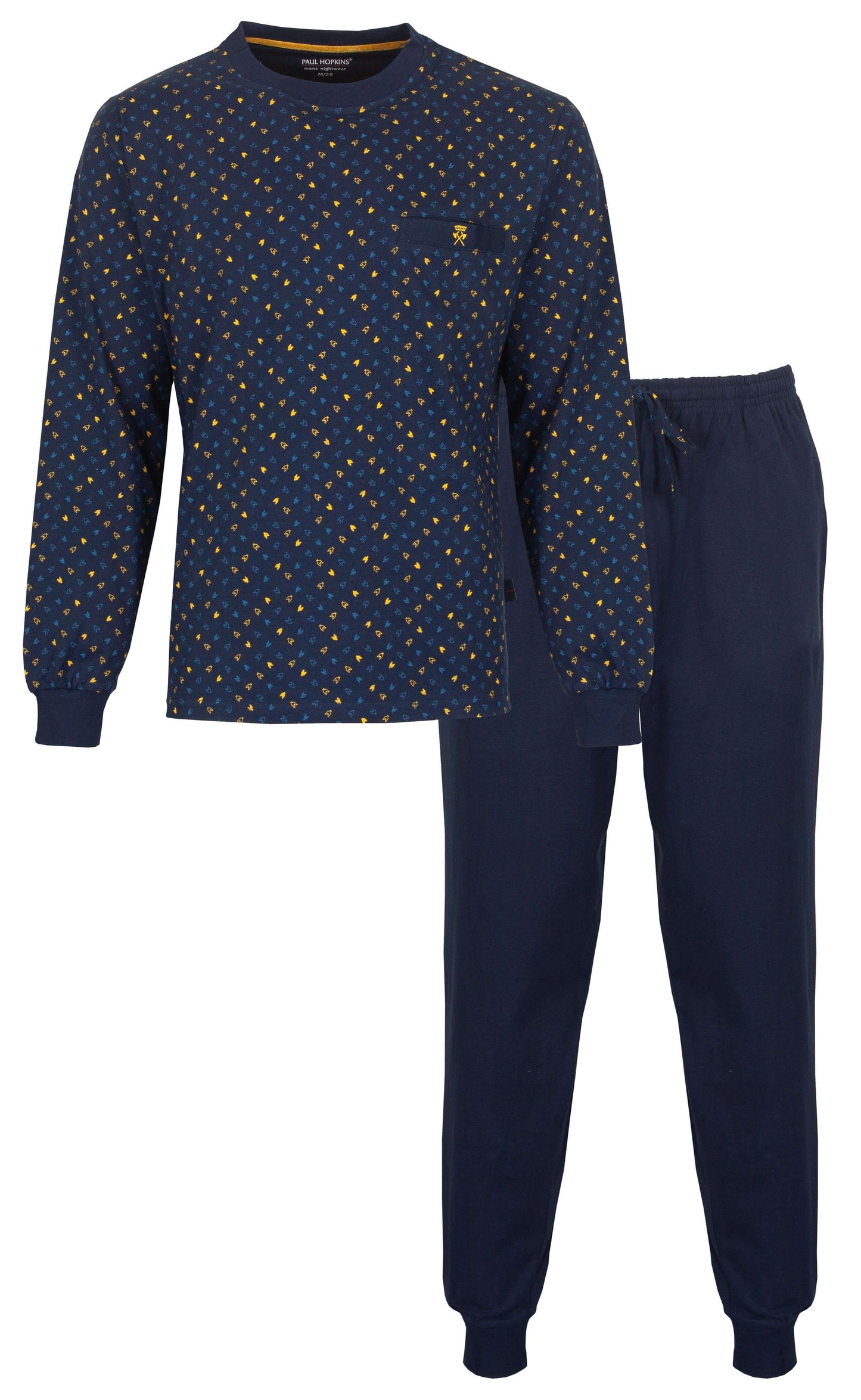 Blauwe heren pyjama set met gele stippen op het shirt en effen blauwe broek, van Paul Hopkins