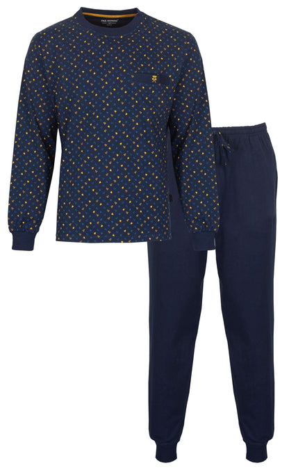 Blauwe heren pyjama set met gele stippen op het shirt en effen blauwe broek, van Paul Hopkins
