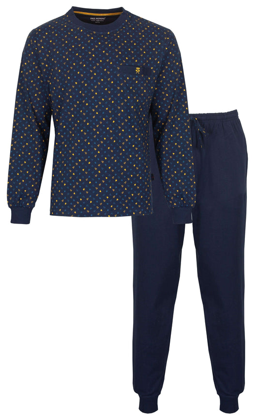 Blauwe heren pyjama set met gele stippen op het shirt en effen blauwe broek, van Paul Hopkins