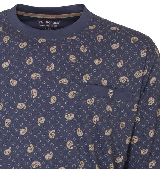 Blauw katoenen pyjama met paisley-patroon en ronde hals, merk Paul Hopkins, met borstzakje en logo