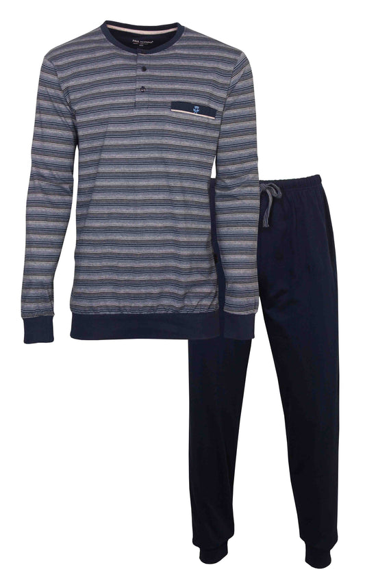 Blauwe gestreepte heren pyjama met lange mouwen en bijpassende effen broek, gemaakt van 100% katoen