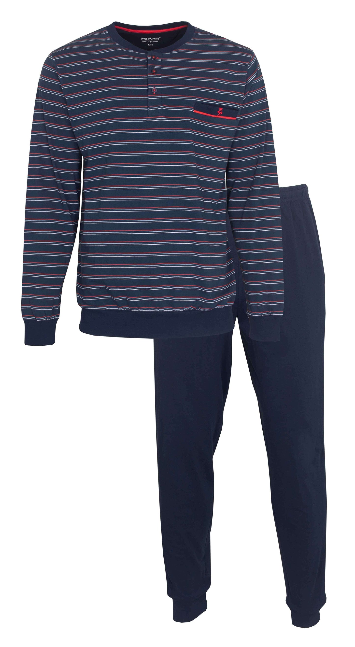 Blauwe gestreepte heren pyjama set met lange mouwen en knoopsluiting, inclusief effen broek met zakken