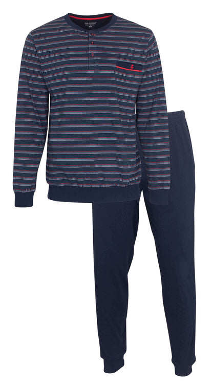 Blauwe gestreepte heren pyjama set met lange mouwen en knoopsluiting, inclusief effen broek met zakken