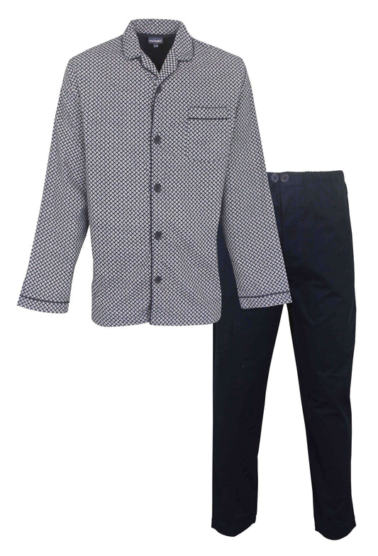 Klassieke heren pyjama met blauw-wit gedessineerde doorknoop jas en effen donkerblauwe broek van Paul Hopkins