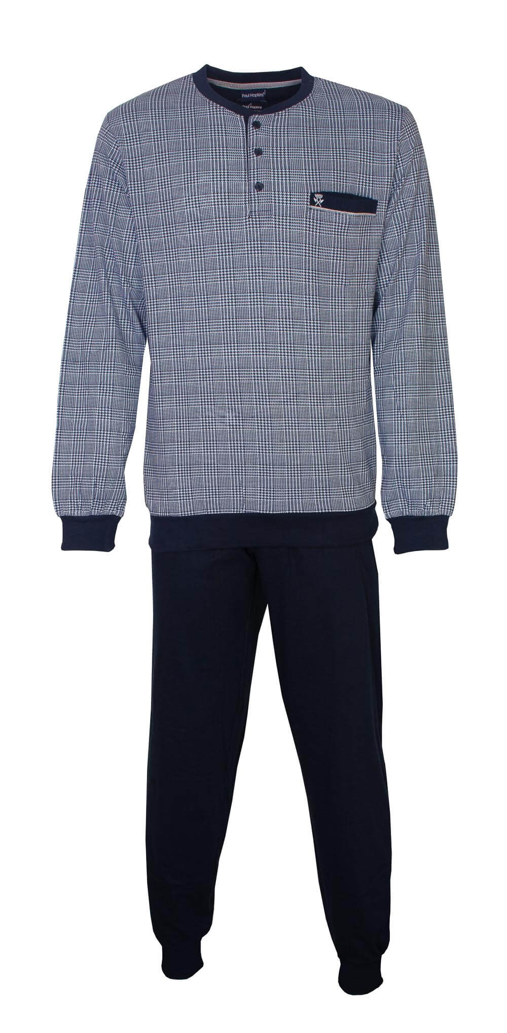 Blauwe geruite pyjama set met lange mouwen en broek, borstzakje met logo, elastische tailleband met aantrekkoord rekkoord