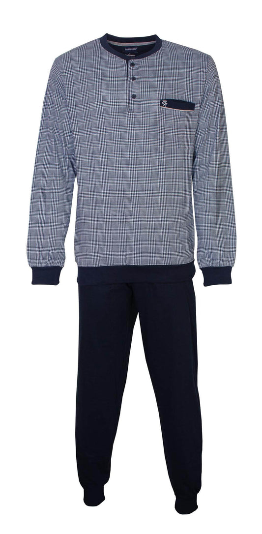 Blauwe geruite pyjama set met lange mouwen en broek, borstzakje met logo, elastische tailleband met aantrekkoord rekkoord