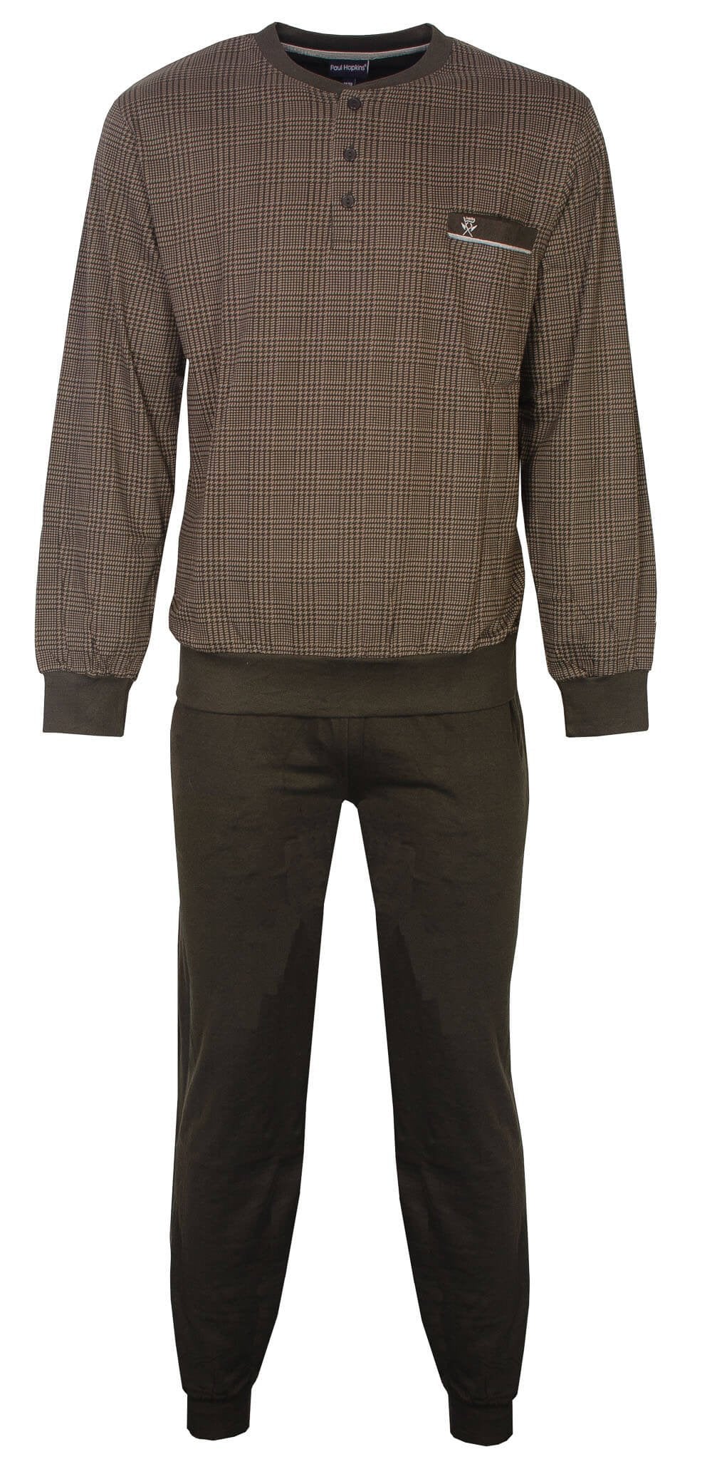 Bruine geruite pyjama set met lange mouwen en broek. Bovenkatoen, geborduurd logo op borstzakje, elastische tailleband.