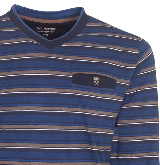 Gestreepte blauwe pyjama top met V-hals, lange mouwen en borstzakje met geborduurd logo