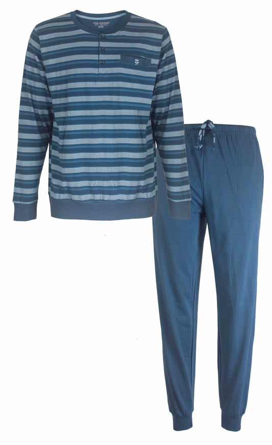 Jeans blauwe heren pyjama set met gestreept shirt en effen broek, gemaakt van 100% katoen