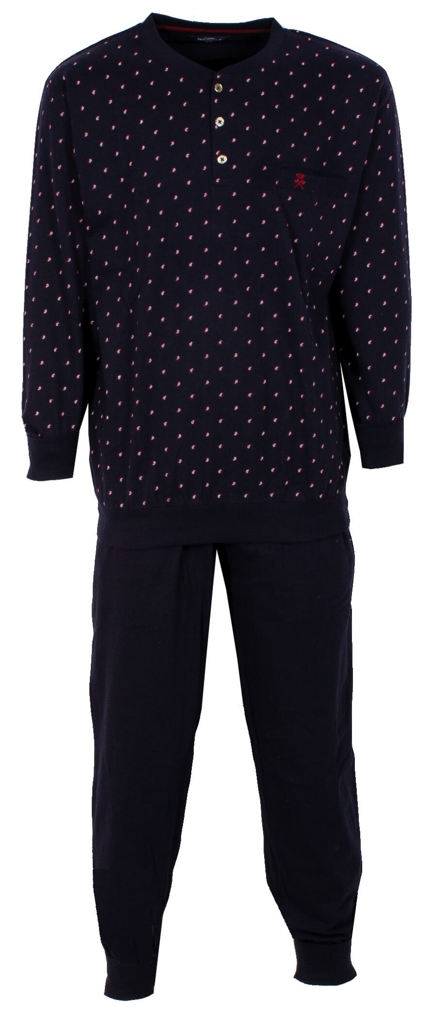 Donkerblauwe pjamaset met gestippelde top en kshirt met knoopsluiting en lange mouwen, en effen lange broek