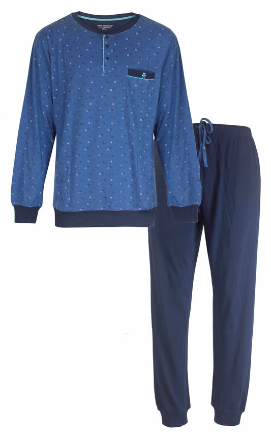 Lichtblauwe heren pyjama set met geprint dessin, lange mouwen en broek, gemaakt van 100% katoen