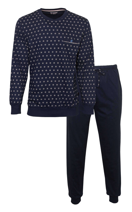 Donkerblauwe pyjama set met geometrisch patroon op het shirt en effen lange broek, gemaakt van katoen.