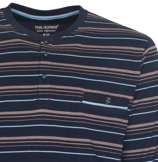 Blauwe gestreepte heren pyjama van Paul Hopkins, gemaakt van katoen, met lichtblauwe en beige strepen
