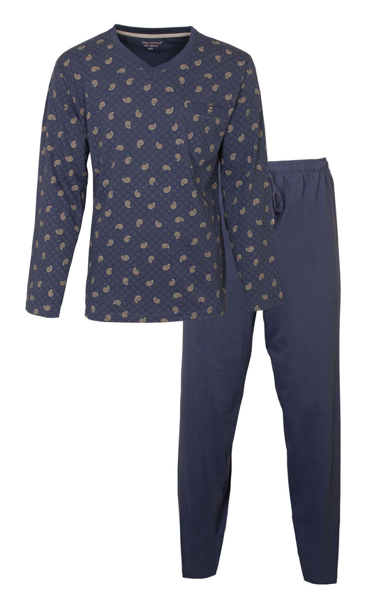 Blauwe hrenenpyjama met lange mouwen en broek, paisShirt heeft V-hals en paisley-patroon. Broek is effen blauw.