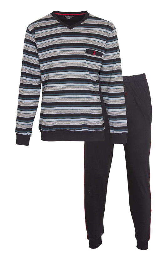 Grijze gestreepte pyjama set met V-hals top en lange zwarte broek met rode streep aan de zijkant