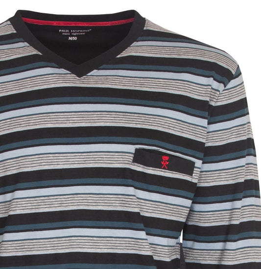 Gestreepte pyjama top van in grijs, zwart en blauw. Paul Hopkins logo op borstzakje.