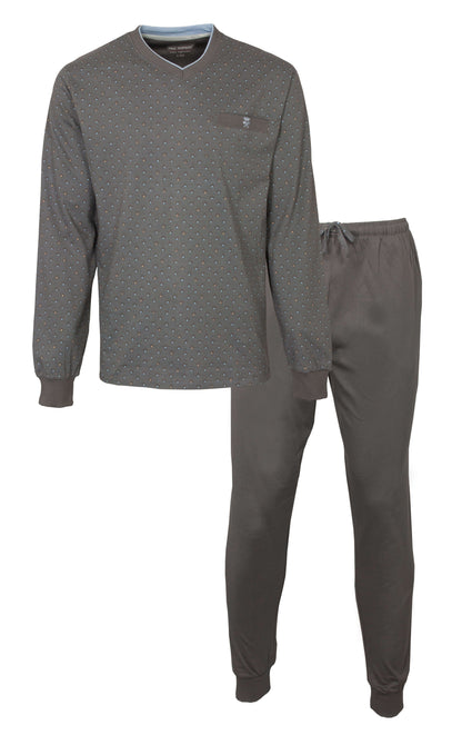 Grijze herenpyjama met V-hals en lange mouwen, gestippeld patroon op shirt, effen broek met elastische band.