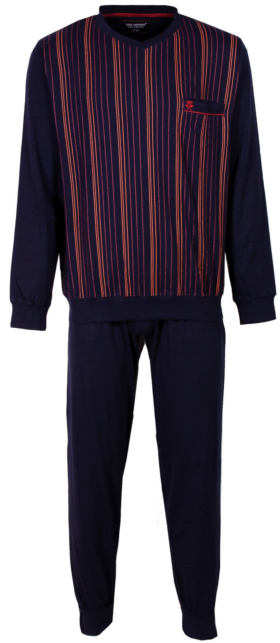 Donkerblauwe heren pyjama met V-ood gestreept dessin op de top, lange mouwen en bijpassende effen broek