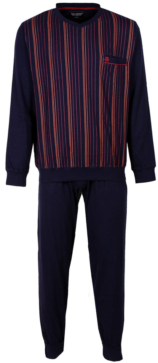 Donkerblauwe heren pyjama met V-ood gestreept dessin op de top, lange mouwen en bijpassende effen broek