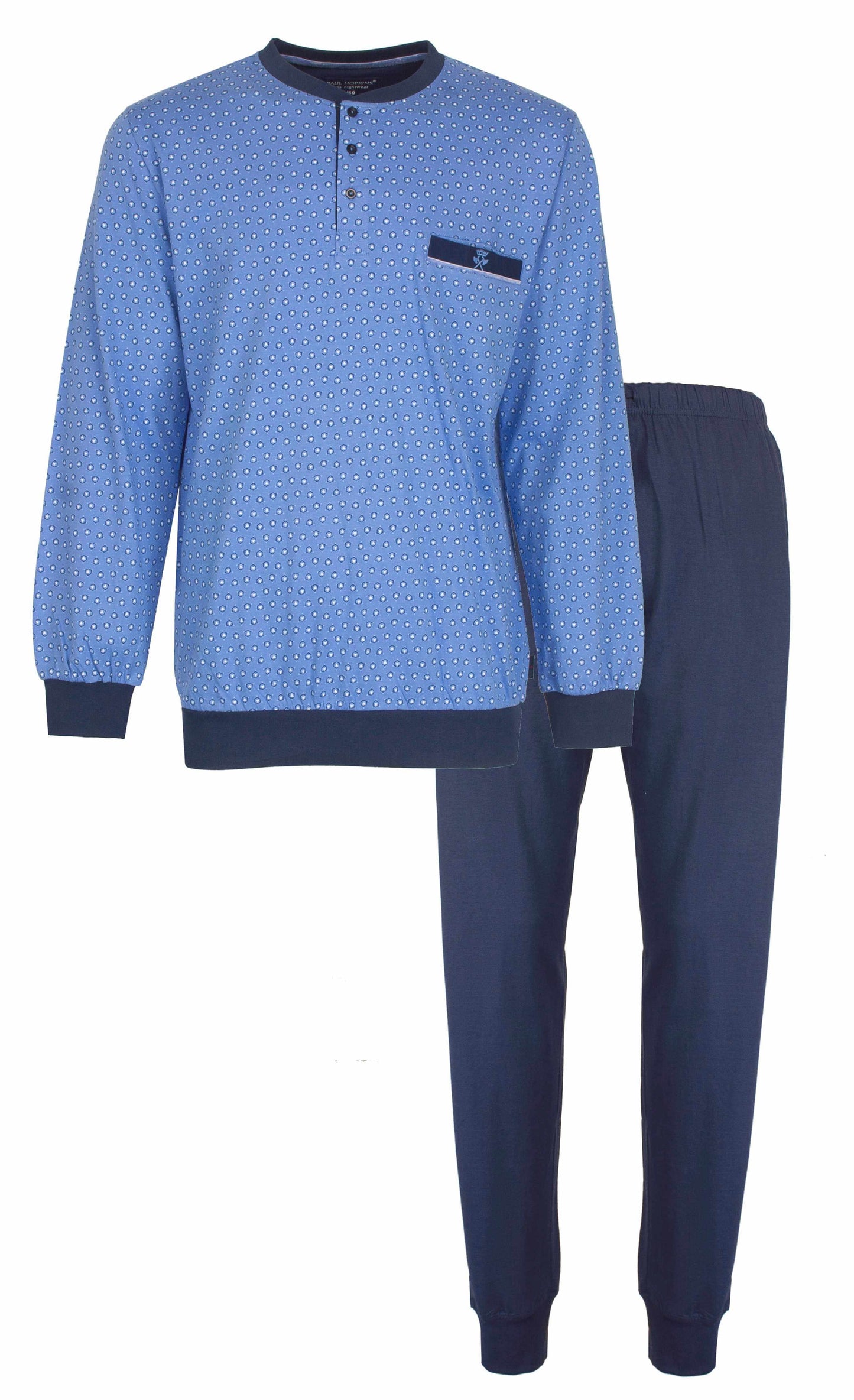 Lichtblauwe heren pyjama set met geprint dessin, lange mouwen en bijpassende effen blauwe broek