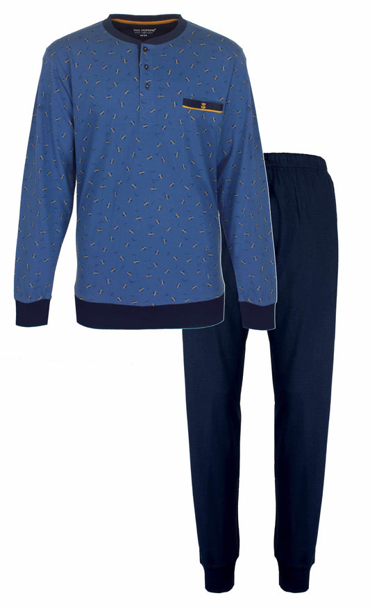Lichtblauwe heren pyjama met kleine print, lange mouwen en donkerblauwe broek van Paul Hopkins