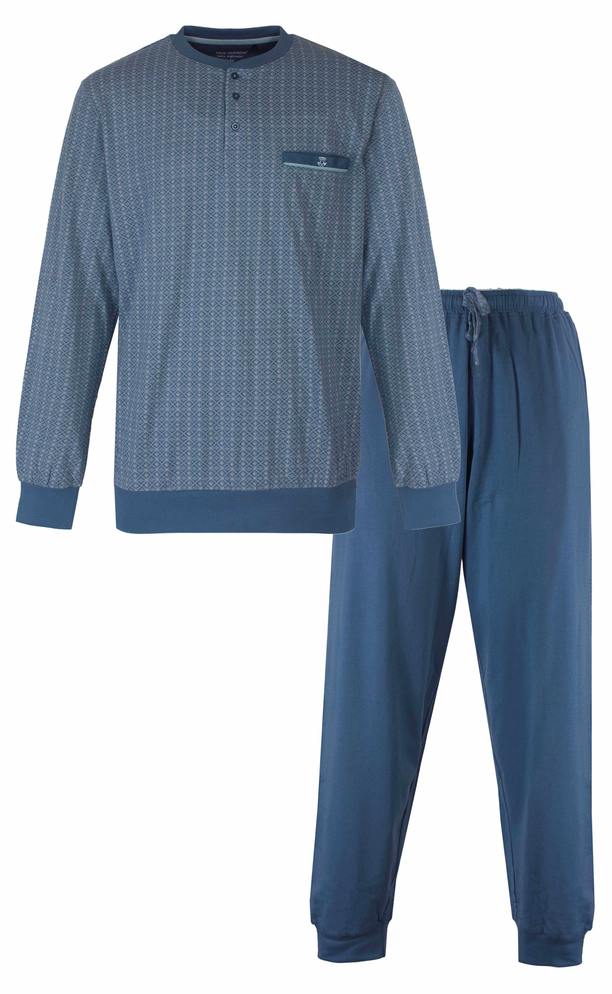 Petrol blauwe heren pyjama set met geprint dessin op shirt en effen lange broek, lange mouwen en ronde hals